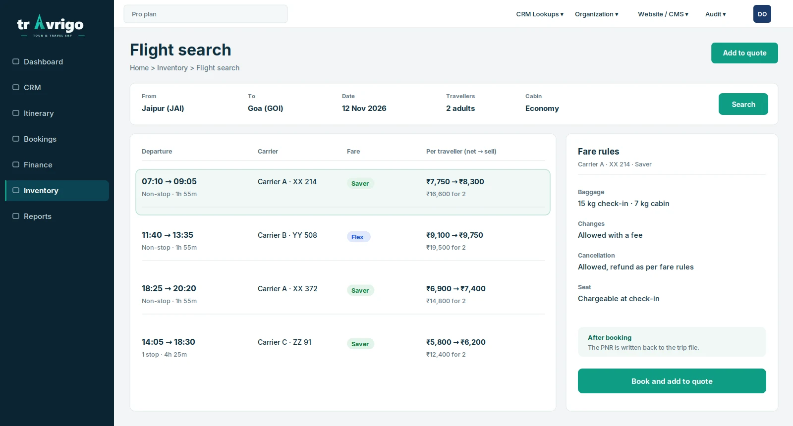 Flight search results with fares and a fare rules panel