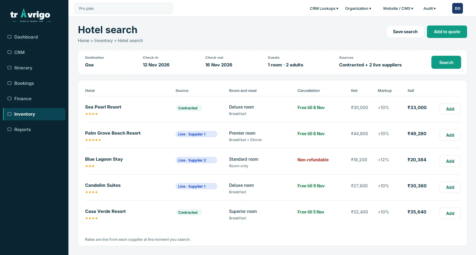 Hotel search results showing contracted and live supplier rates with net, markup and sell price
